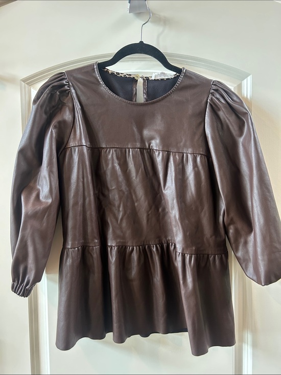 THML Tops - THML Brown Faux Leather Peplum Blouse with Puff Sleeves